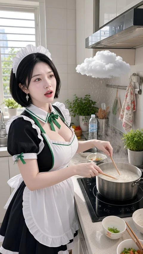 A woman in a black and white maid costume stirs a cooking pot beneath a small floating cloud.