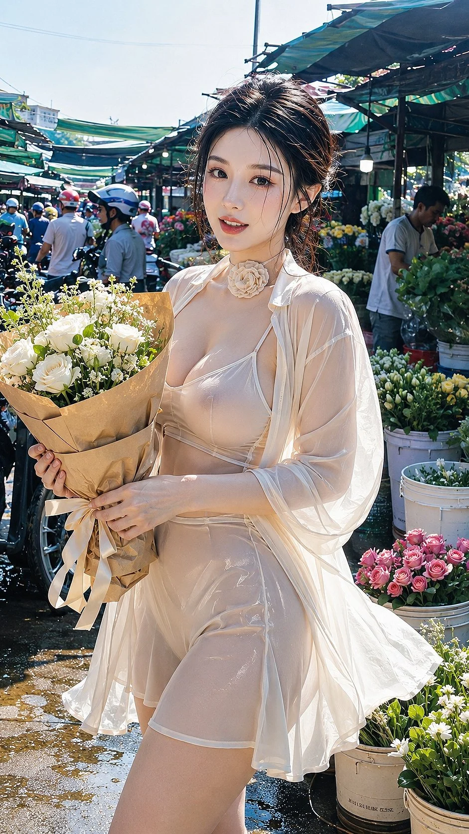 A woman in a pale outfit holds a large bouquet of white flowers at an outdoor market.