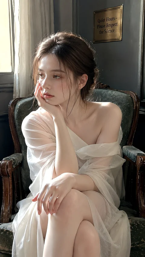 A woman wrapped in cream fabric sits in an armchair and gazes toward a window.