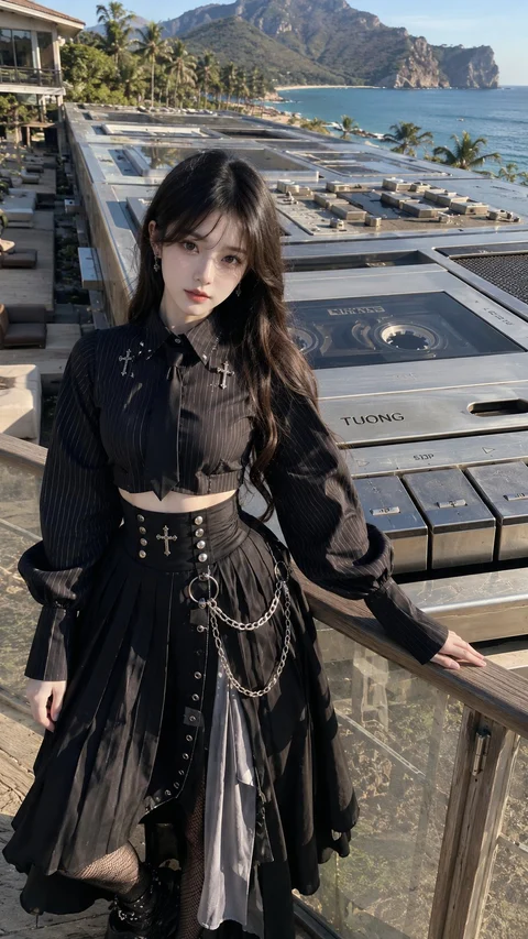 A woman in a layered black outfit with metallic chains poses beside a railing overlooking the coast.