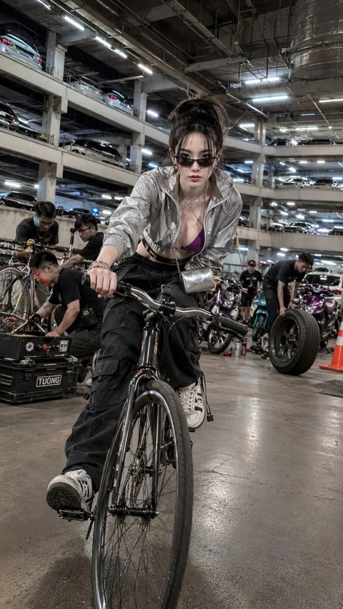 A woman wearing sunglasses and a metallic jacket rides a bicycle through a large industrial-looking interior.
