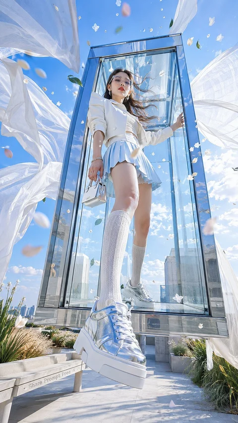 A woman in a pale outfit stands inside a tall transparent booth amid floating white fragments.