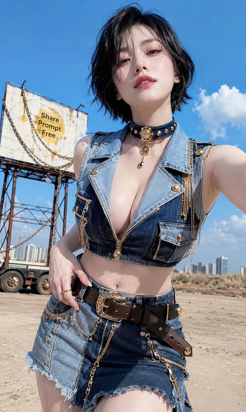 A short-haired woman poses outdoors in a cropped denim vest and matching bottoms under a bright blue sky.