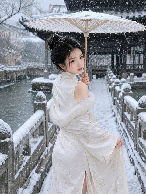 A person in layered white clothing carries a white umbrella on a wooden walkway covered in snow.