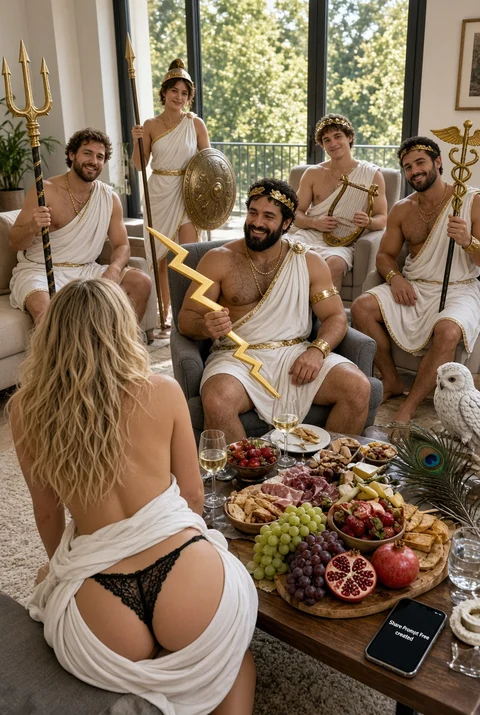 People draped in light fabric gather around a table covered with fruit and food in a sunlit classical-style room.