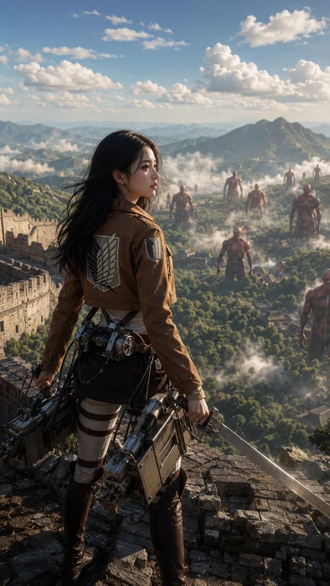 A dark-haired woman in armor and mechanical gear stands on a stone ridge overlooking a vast mountain settlement.