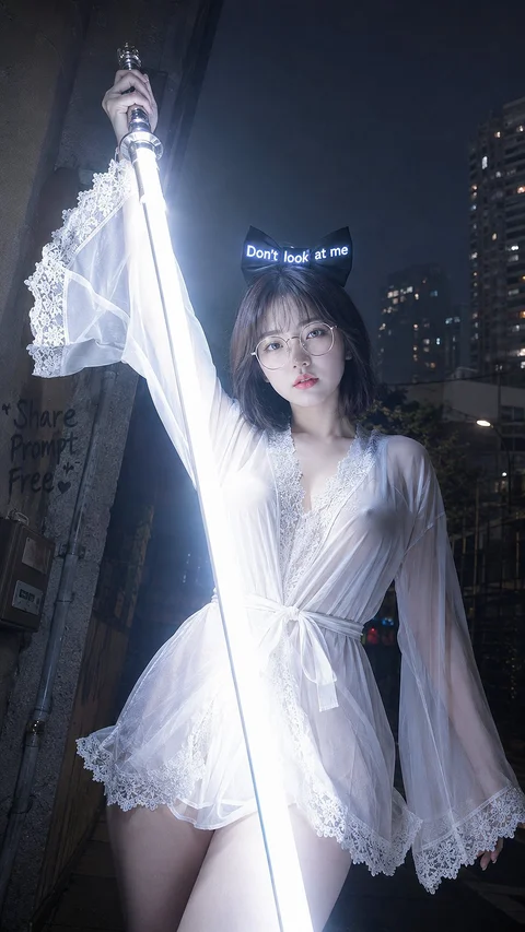 A woman in a pale flowing outfit holds a long glowing sword upward against a nighttime city backdrop.
