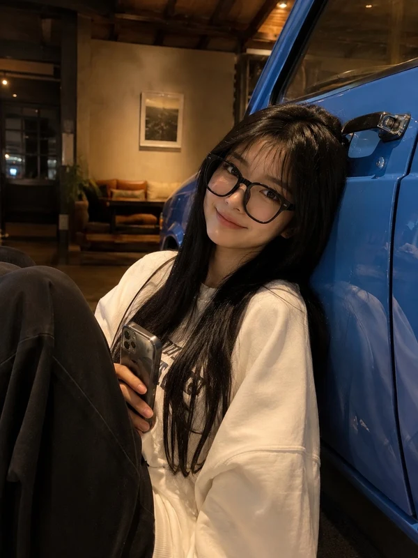 Woman in a cream sweatshirt and dark glasses beside a blue vintage vehicle