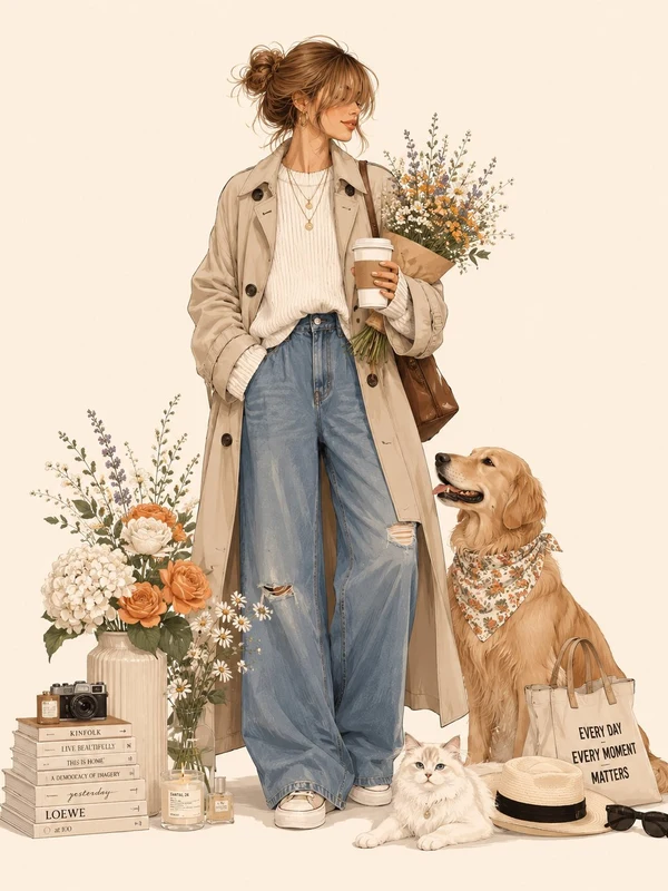 Fashion illustration with a woman in a trench coat holding coffee and flowers