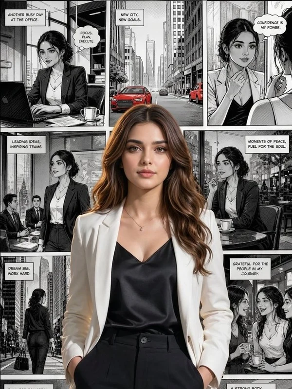 Woman in a white blazer before a monochrome comic-panel backdrop