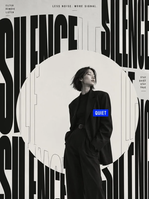 Minimal fashion poster with an adult in a black oversized suit