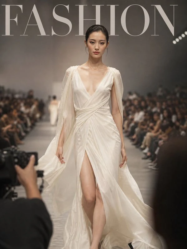 Woman in a white gown in an editorial runway composition