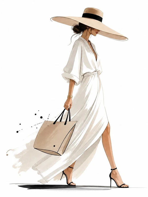 Fashion illustration of a woman in a flowing white dress and wide straw hat