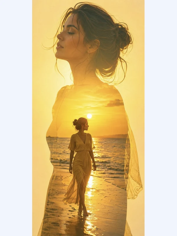 Golden double-exposure portrait combining a woman and beach scenery