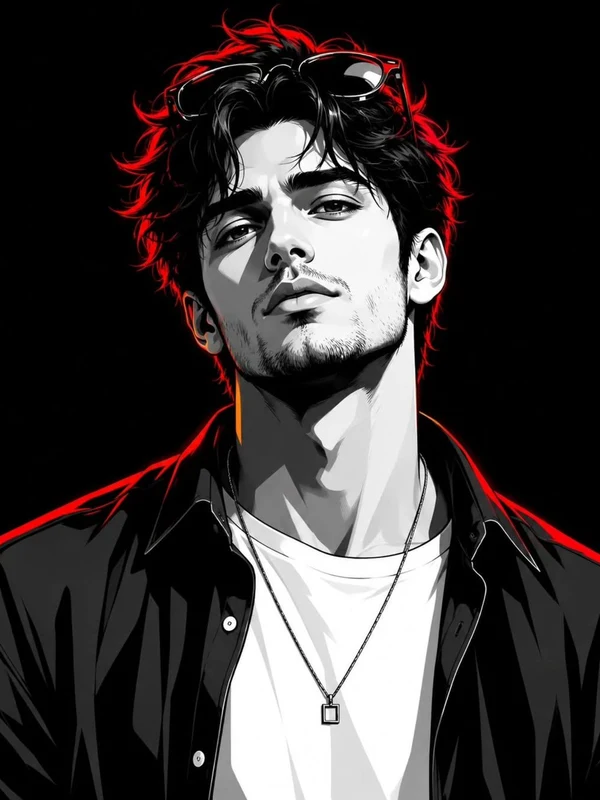 Graphic portrait of a stubbled man with red rim lighting