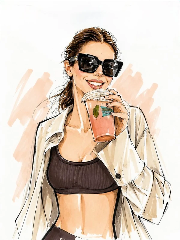 Fashion sketch of a woman in sunglasses with a pink drink
