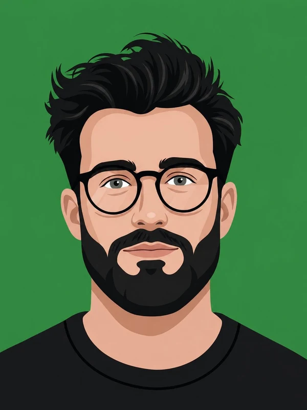 Flat graphic portrait of a bearded man in black glasses
