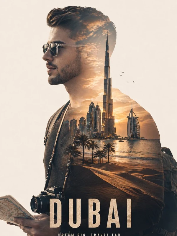 Travel-poster portrait of a bearded man with city double exposure