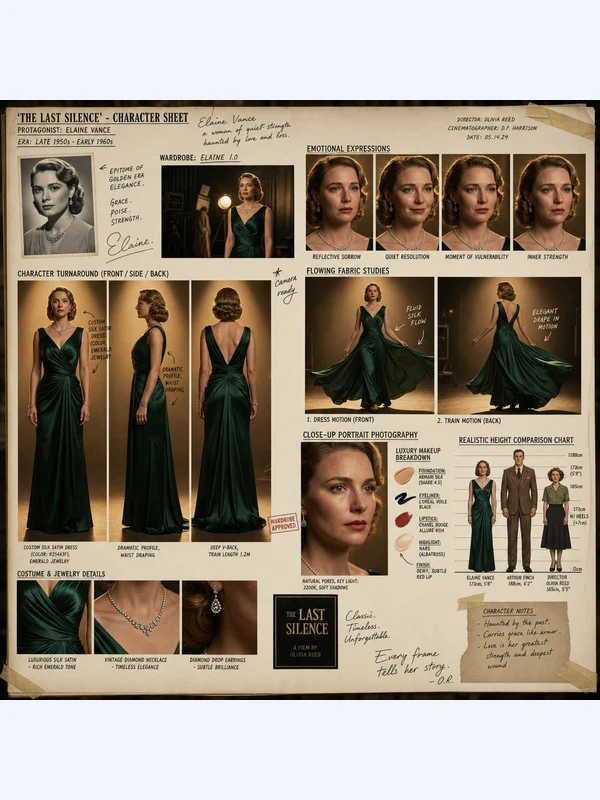 Fictional film character-design board with green evening-dress studies